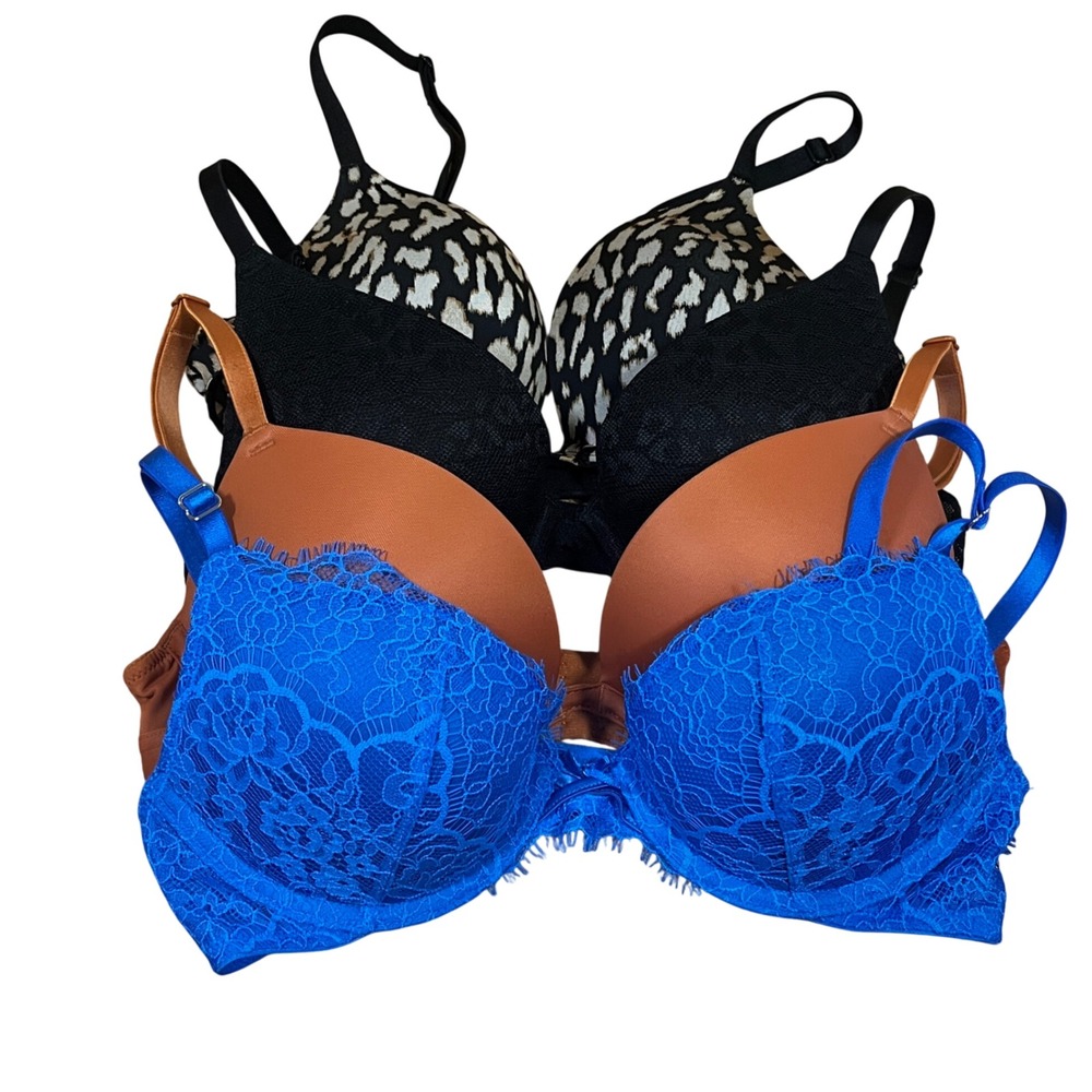 Victoria's Secret PINK Push Up Bra Lot 4pc 32B Blue Lace Leopard Orange Black